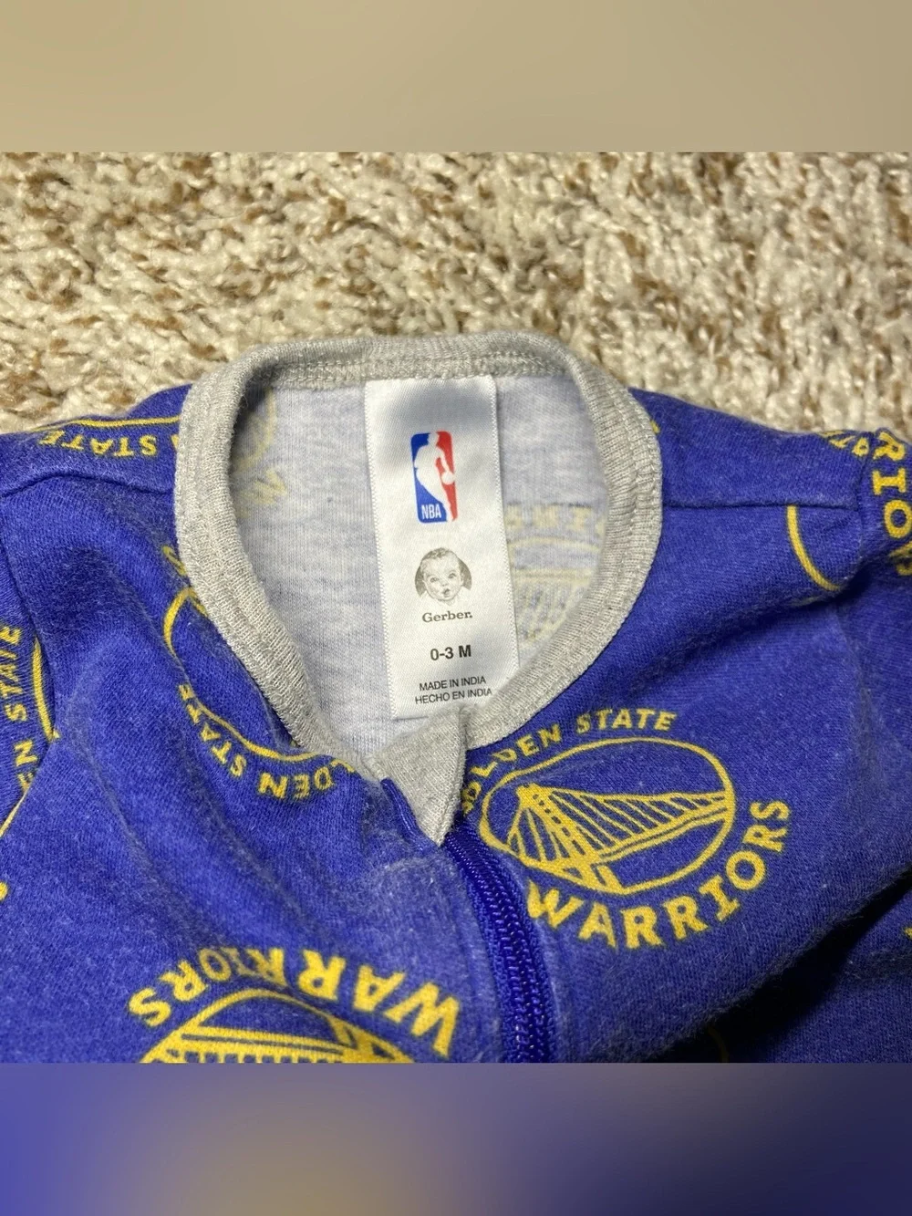 GOLDEN STATE WARRIORS Baby Zip Up Blue Onesie Size 0-3M